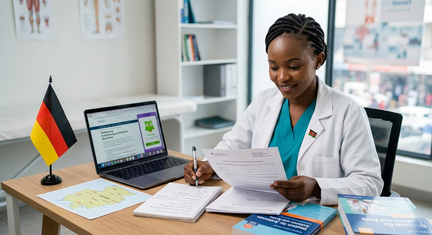 Kenyan healthcare professional preparing for Germany